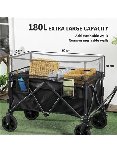 Outsunny Folding Garden Trolley, 180L Wagon Cart with Extendable Side Walls for Beach, Camping, Festival - Black 84H-132V00BK