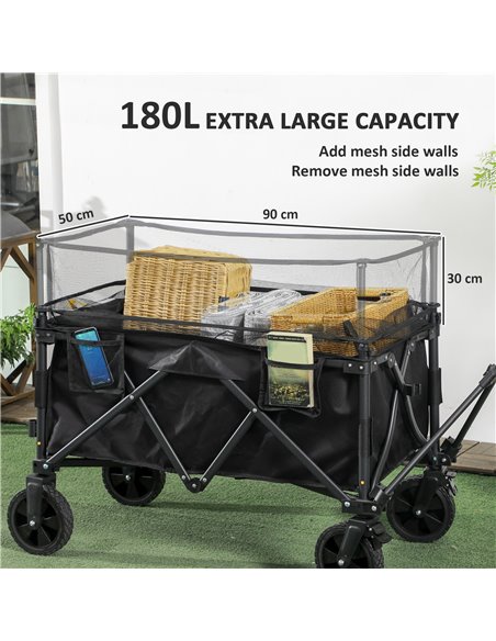 Outsunny Folding Garden Trolley, 180L Wagon Cart with Extendable Side Walls for Beach, Camping, Festival - Black 84H-132V00BK - pic 98465 | FastDaddyshop