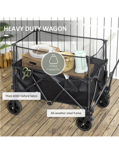 Outsunny Folding Garden Trolley, 180L Wagon Cart with Extendable Side Walls for Beach, Camping, Festival - Black 84H-132V00BK