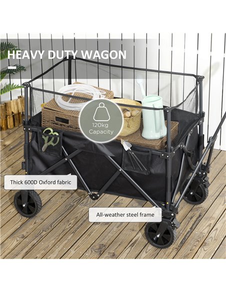 Outsunny Folding Garden Trolley, 180L Wagon Cart with Extendable Side Walls for Beach, Camping, Festival - Black 84H-132V00BK - pic 98469 | FastDaddyshop