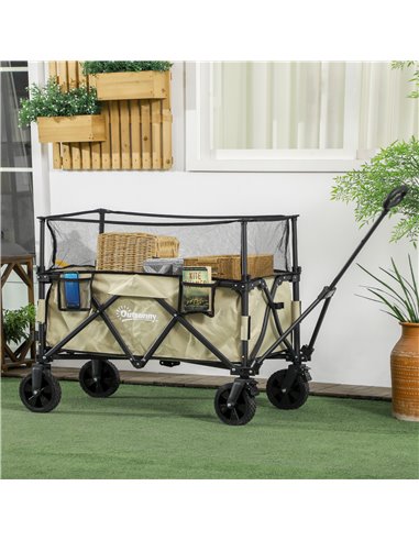 Outsunny Folding Trolley Wagon Cart, 180L with Extendable Side Walls for Beach, Camping, Festivals, Khaki 84H-132V00KK