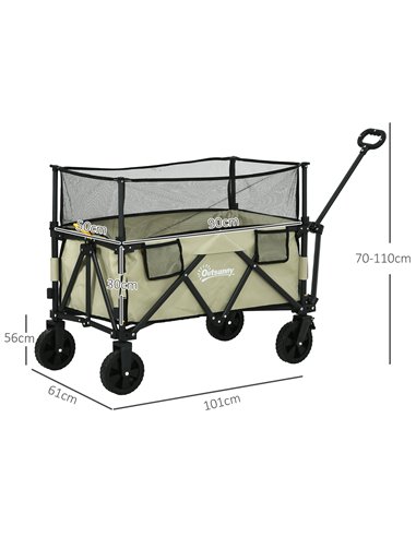 Outsunny Folding Trolley Wagon Cart, 180L with Extendable Side Walls for Beach, Camping, Festivals, Khaki 84H-132V00KK