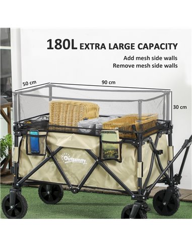 Outsunny Folding Trolley Wagon Cart, 180L with Extendable Side Walls for Beach, Camping, Festivals, Khaki 84H-132V00KK