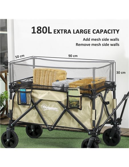 Outsunny Folding Trolley Wagon Cart, 180L with Extendable Side Walls for Beach, Camping, Festivals, Khaki 84H-132V00KK - pic 98492 | FastDaddyshop