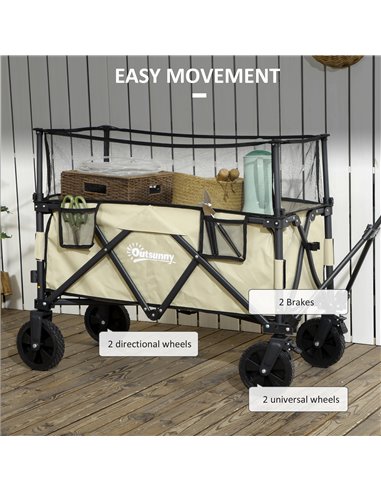 Outsunny Folding Trolley Wagon Cart, 180L with Extendable Side Walls for Beach, Camping, Festivals, Khaki 84H-132V00KK
