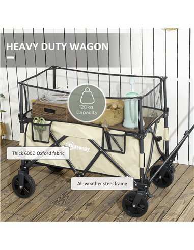 Outsunny Folding Trolley Wagon Cart, 180L with Extendable Side Walls for Beach, Camping, Festivals, Khaki 84H-132V00KK