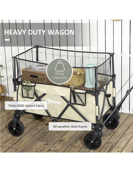Outsunny Folding Trolley Wagon Cart, 180L with Extendable Side Walls for Beach, Camping, Festivals, Khaki 84H-132V00KK - pic 98496 | FastDaddyshop