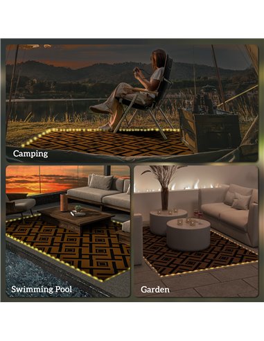 Outsunny Reversible RV Outdoor Rug with LED String Light, Plastic Straw, 182 x 274cm, Brown and Black 844-837V00MX