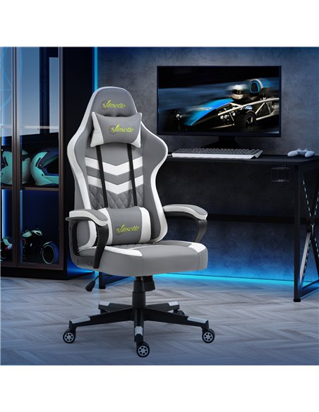 Vinsetto Racing Gaming Chair with Lumbar Support, Headrest, Swivel Wheel, PVC Leather Gamer Desk Chair for Home Office, Grey Whi - pic 9868 | FastDaddyshop