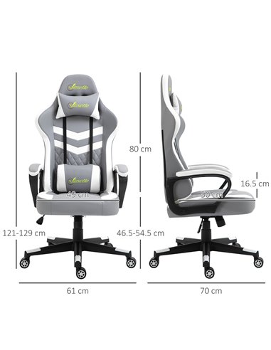 Vinsetto Racing Gaming Chair with Lumbar Support, Headrest, Swivel Wheel, PVC Leather Gamer Desk Chair for Home Office, Grey Whi