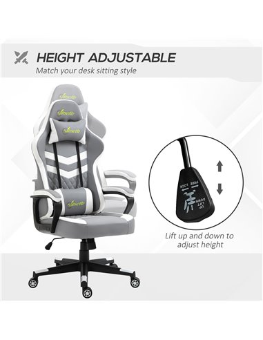 Vinsetto Racing Gaming Chair with Lumbar Support, Headrest, Swivel Wheel, PVC Leather Gamer Desk Chair for Home Office, Grey Whi