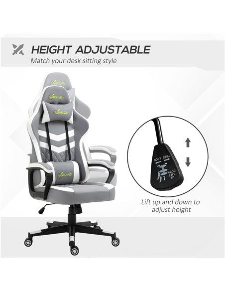 Vinsetto Racing Gaming Chair with Lumbar Support, Headrest, Swivel Wheel, PVC Leather Gamer Desk Chair for Home Office, Grey Whi - pic 9870 | FastDaddyshop