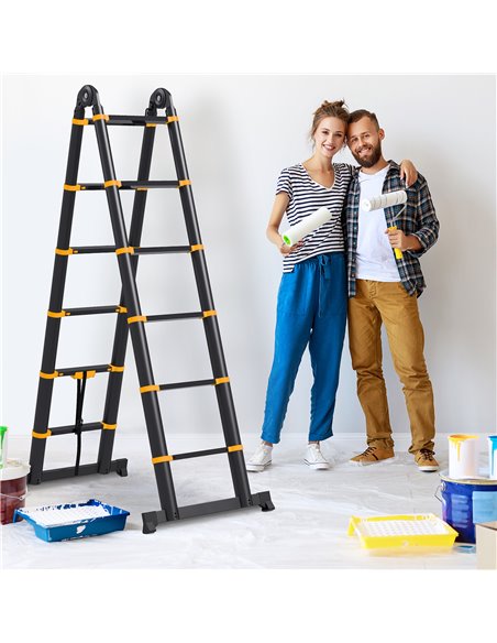 HOMCOM 3.8M Duo Aluminium Ladder w/ Tool Holder Herringbone Deployed Extendable DIY w/ 12 Non-Slip Steps, Yellow B72-033V01YL - pic 98715 | FastDaddyshop