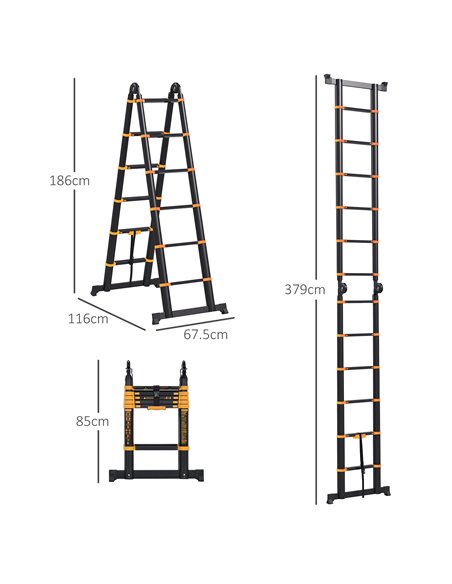 HOMCOM 3.8M Duo Aluminium Ladder w/ Tool Holder Herringbone Deployed Extendable DIY w/ 12 Non-Slip Steps, Yellow B72-033V01YL - pic 98716 | FastDaddyshop