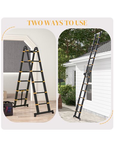 HOMCOM 3.8M Duo Aluminium Ladder w/ Tool Holder Herringbone Deployed Extendable DIY w/ 12 Non-Slip Steps, Yellow B72-033V01YL