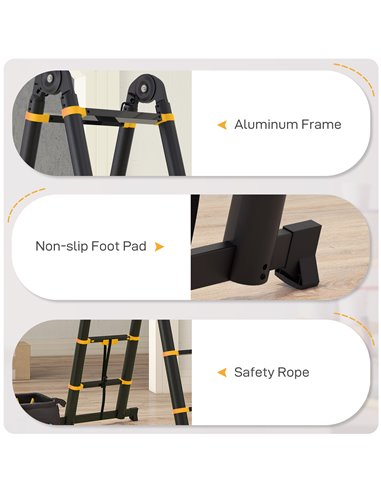 HOMCOM 3.8M Duo Aluminium Ladder w/ Tool Holder Herringbone Deployed Extendable DIY w/ 12 Non-Slip Steps, Yellow B72-033V01YL