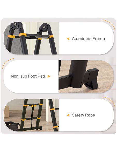 HOMCOM 3.8M Duo Aluminium Ladder w/ Tool Holder Herringbone Deployed Extendable DIY w/ 12 Non-Slip Steps, Yellow B72-033V01YL - pic 98719 | FastDaddyshop