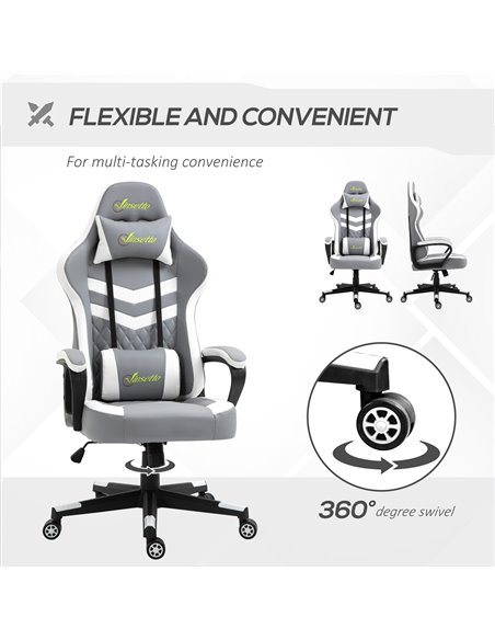 Vinsetto Racing Gaming Chair with Lumbar Support, Headrest, Swivel Wheel, PVC Leather Gamer Desk Chair for Home Office, Grey Whi - pic 9872 | FastDaddyshop