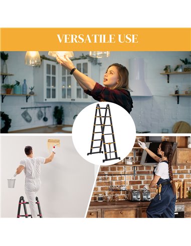 HOMCOM 3.8M Duo Aluminium Ladder w/ Tool Holder Herringbone Deployed Extendable DIY w/ 12 Non-Slip Steps, Yellow B72-033V01YL