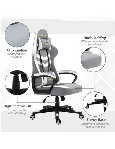 Vinsetto Racing Gaming Chair with Lumbar Support, Headrest, Swivel Wheel, PVC Leather Gamer Desk Chair for Home Office, Grey Whi