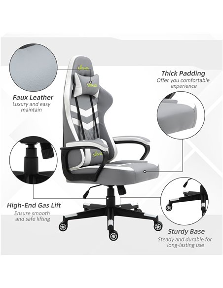 Vinsetto Racing Gaming Chair with Lumbar Support, Headrest, Swivel Wheel, PVC Leather Gamer Desk Chair for Home Office, Grey Whi - pic 9873 | FastDaddyshop