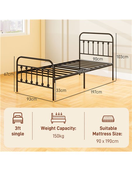 HOMCOM 3ft Single Platform Bed Frame with Underbed Storage Tall Headboard Steel Slat No Box Spring Needed Easy Assembly Black 83 - pic 98743 | FastDaddyshop
