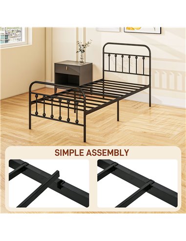 HOMCOM 3ft Single Platform Bed Frame with Underbed Storage Tall Headboard Steel Slat No Box Spring Needed Easy Assembly Black 83
