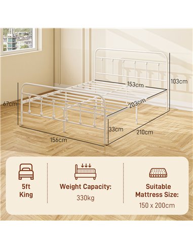 HOMCOM 5ft King Platform Bed Frame with Underbed Storage Tall Headboard Steel Slat No Box Spring Needed Easy Assembly White 831-