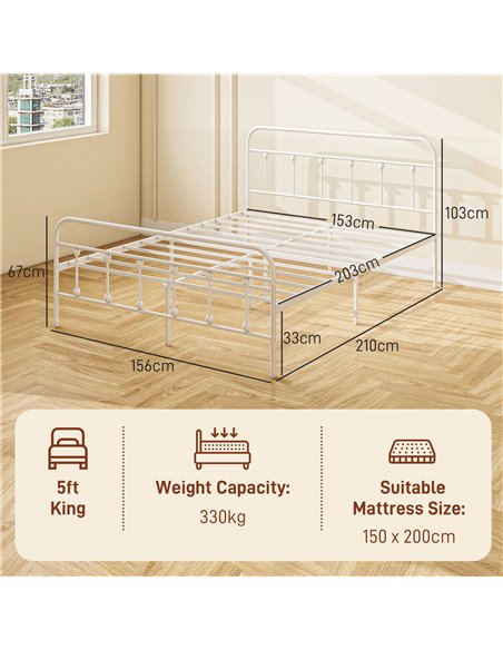 HOMCOM 5ft King Platform Bed Frame with Underbed Storage Tall Headboard Steel Slat No Box Spring Needed Easy Assembly White 831- - pic 98761 | FastDaddyshop