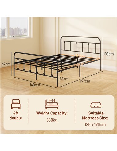 HOMCOM 4ft Double Platform Bed Frame with Underbed Storage Tall Headboard Steel Slat No Box Spring Needed Easy Assembly Black 83