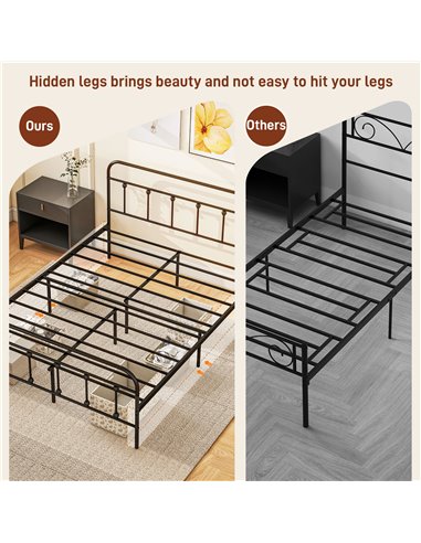 HOMCOM 4ft Double Platform Bed Frame with Underbed Storage Tall Headboard Steel Slat No Box Spring Needed Easy Assembly Black 83