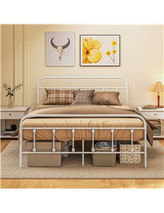 HOMCOM 4ft Double Platform Bed Frame with Underbed Storage Tall Headboard Steel Slat No Box Spring Needed Easy Assembly White 83 2