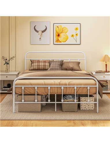 HOMCOM 4ft Double Platform Bed Frame with Underbed Storage Tall Headboard Steel Slat No Box Spring Needed Easy Assembly White 83