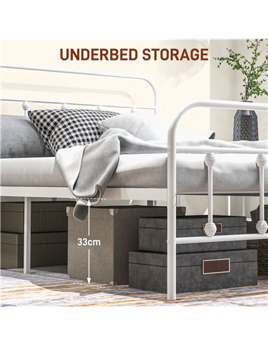 HOMCOM 4ft Double Platform Bed Frame with Underbed Storage Tall Headboard Steel Slat No Box Spring Needed Easy Assembly White 83