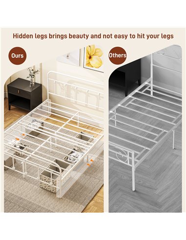 HOMCOM 4ft Double Platform Bed Frame with Underbed Storage Tall Headboard Steel Slat No Box Spring Needed Easy Assembly White 83
