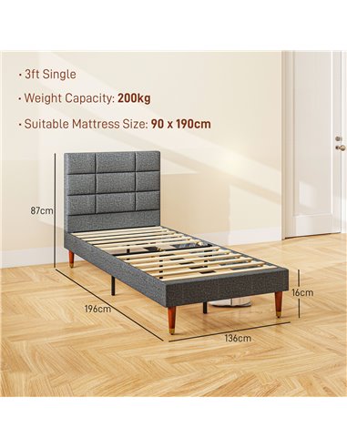 HOMCOM Upholstered Single Bed Frame, with Slats - Grey 831-798V71GY