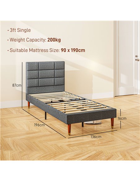 HOMCOM Upholstered Single Bed Frame, with Slats - Grey 831-798V71GY - pic 98806 | FastDaddyshop