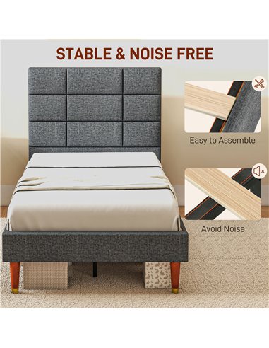 HOMCOM Upholstered Single Bed Frame, with Slats - Grey 831-798V71GY