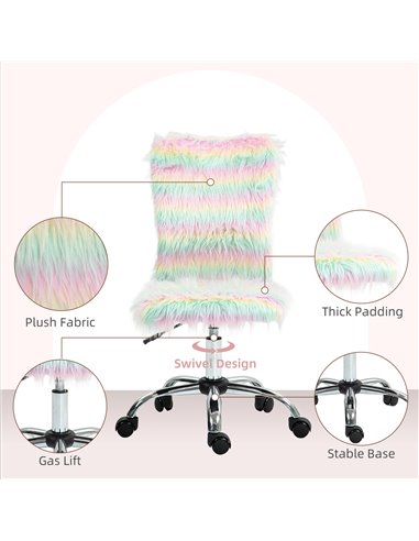 HOMCOM Armless Computer Desk Chair, Fluffy Fabric Swivel Office Chair, Makeup Vanity Chair with Height Adjustable, Wheels, for H