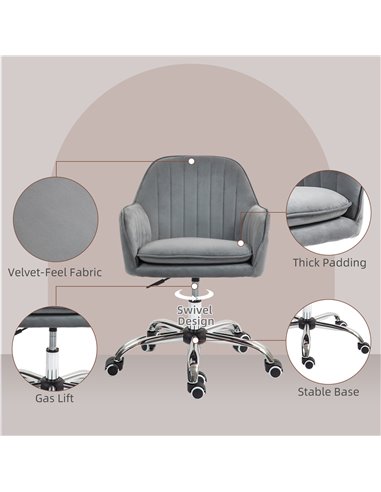 HOMCOM Office Chair, Swivel Desk Chair, Velvet-Feel Fabric Vanity Chair with Adjustable Height and Rolling Wheels for Home Work 