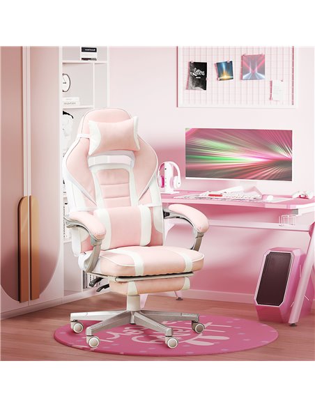 HOMCOM Faux Leather Reclining Gaming Chair, with Footrest - Pink/White 921-773V70PK - pic 99084 | FastDaddyshop