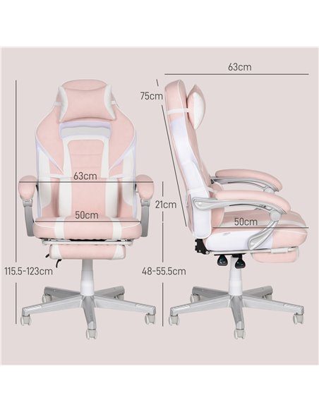 HOMCOM Faux Leather Reclining Gaming Chair, with Footrest - Pink/White 921-773V70PK - pic 99085 | FastDaddyshop