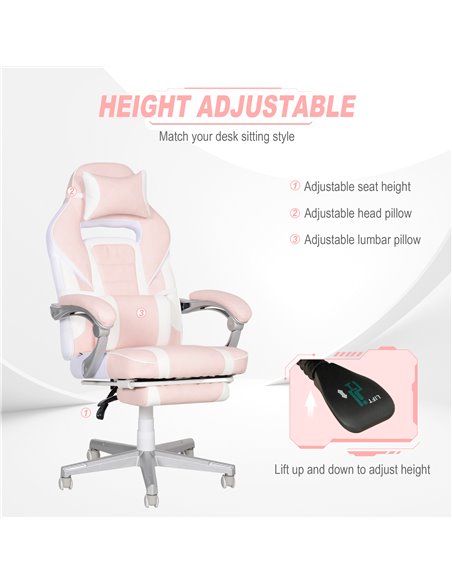 HOMCOM Faux Leather Reclining Gaming Chair, with Footrest - Pink/White 921-773V70PK - pic 99086 | FastDaddyshop