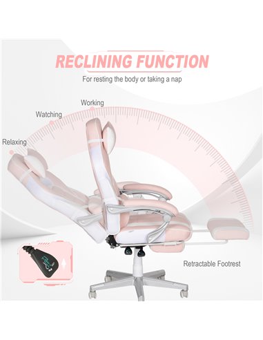 HOMCOM Faux Leather Reclining Gaming Chair, with Footrest - Pink/White 921-773V70PK