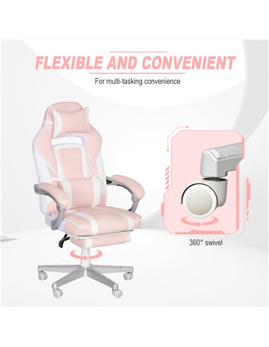 HOMCOM Faux Leather Reclining Gaming Chair, with Footrest - Pink/White 921-773V70PK