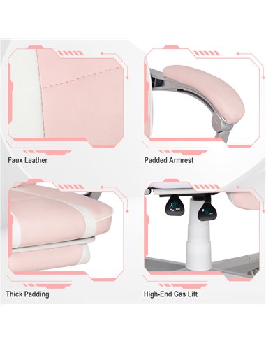 HOMCOM Faux Leather Reclining Gaming Chair, with Footrest - Pink/White 921-773V70PK