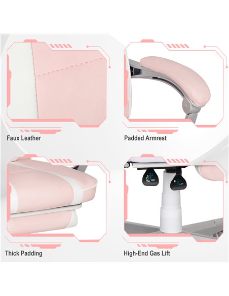 HOMCOM Faux Leather Reclining Gaming Chair, with Footrest - Pink/White 921-773V70PK - pic 99089 | FastDaddyshop
