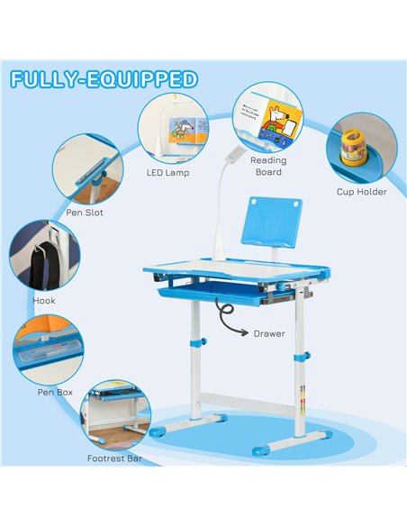 HOMCOM Kids Study Desk and Chair Set w/ Adjustable Height, Storage, Drawer, Blue 312-062BU - pic 99278 | FastDaddyshop