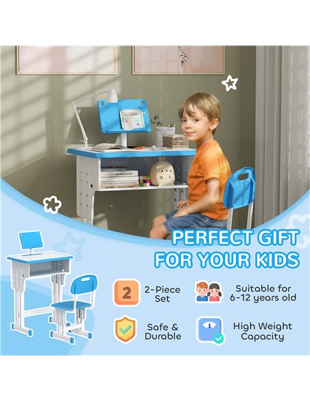 HOMCOM Kids Adjustable Desk and Chair Set, Book Stand, Pen Slot - Blue 312-061V00BU - pic 99302 | FastDaddyshop