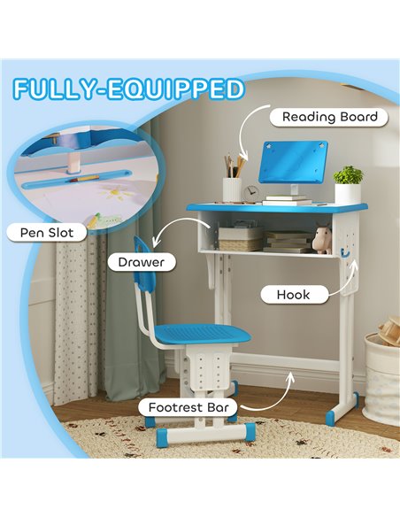 HOMCOM Kids Adjustable Desk and Chair Set, Book Stand, Pen Slot - Blue 312-061V00BU - pic 99303 | FastDaddyshop